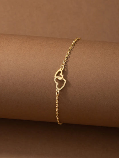 1pc Double-Clasp Gold Plated Heart Detail Anklet For Women, Beach Vacation Jewelry Gift Valentines,Mom,Mother,Mother's Day,Gift