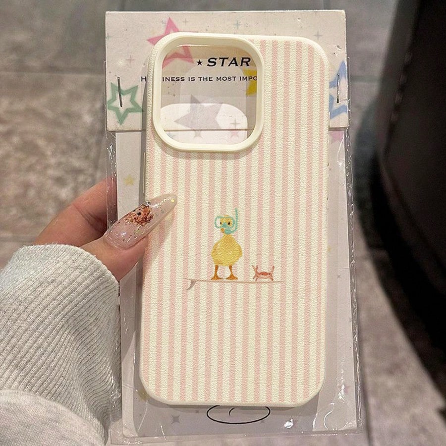 1pc Duck Element Fashion TPU Material Fresh Pink Striped Surfing Duck Pattern Phone Case, Compatible With Iphone 17 Pro Max/17/16 Pro Max/15/13/12/11, S20 FE/A15/S24/A55, Note 11/Note 12/Note 13 Pro
