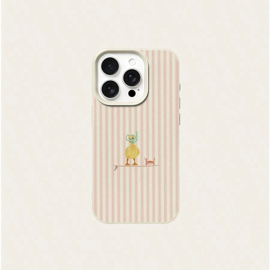 1pc Duck Element Fashion TPU Material Fresh Pink Striped Surfing Duck Pattern Phone Case, Compatible With Iphone 17 Pro Max/17/16 Pro Max/15/13/12/11, S20 FE/A15/S24/A55, Note 11/Note 12/Note 13 Pro