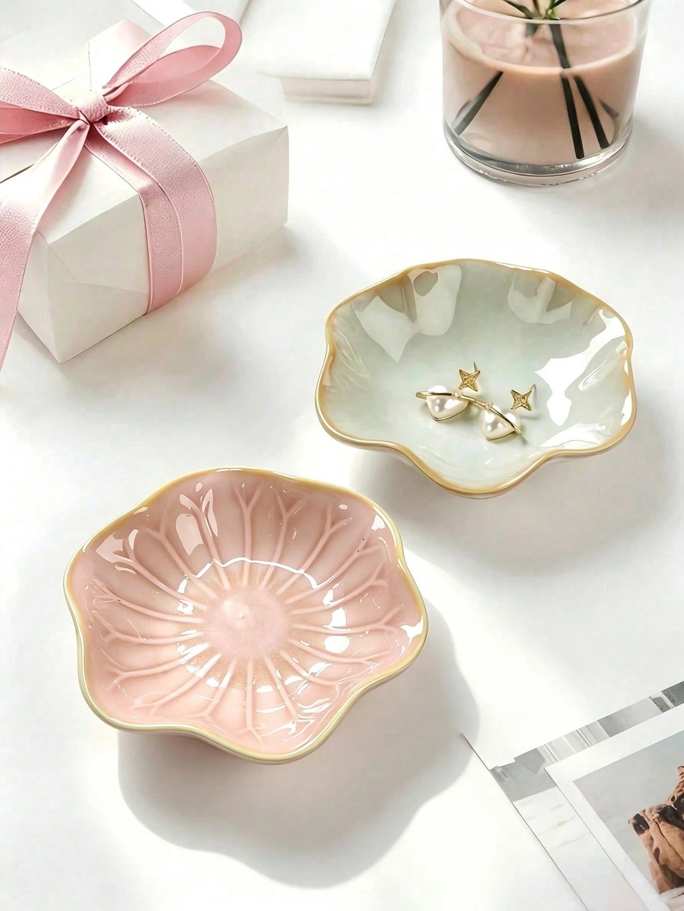 1pc Elegant Ceramic Lotus Leaf Jewelry Organizer Tray For Earrings, Rings, Keys And Small Accessories, Perfect Birthday Or New Year Gift, Desk Storage Valentine Day