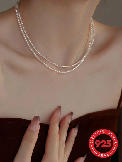 1pc Exquisite Women's S925 Sterling Silver Necklace With Pearl And Seed Beads, Baby Natural Pearl Alternative Fashion Jewelry, Suitable For Daily Wear