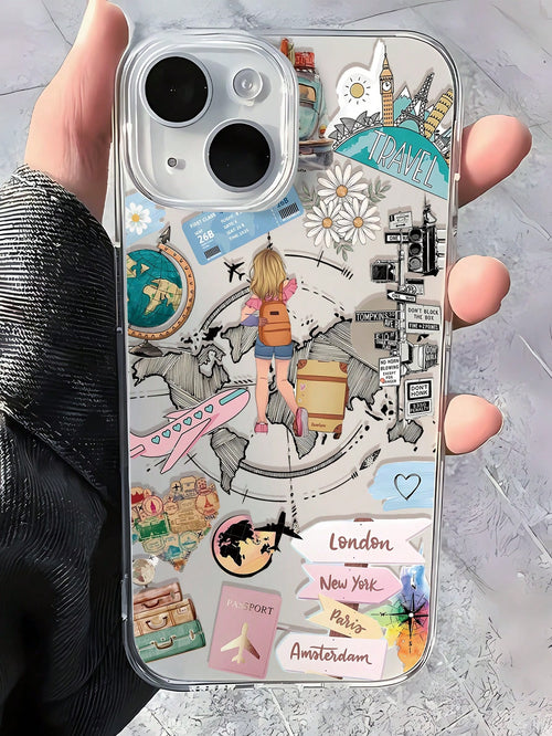 1pc Fashion Personalized Travel Collage Design Full Coverage Transparent Anti-Fingerprint TPU Phone Case Compatible With IPhone/Galaxy/IPhone16promax/16/16pro/16plus/11/15/15pro/15promax/12/13/14proma