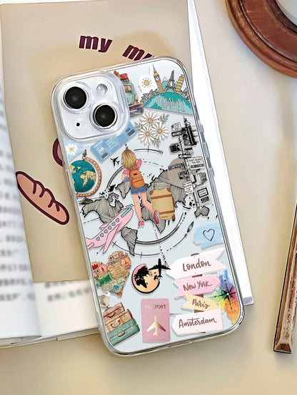 1pc Fashion Personalized Travel Collage Design Full Coverage Transparent Anti-Fingerprint TPU Phone Case Compatible With IPhone/Galaxy/IPhone16promax/16/16pro/16plus/11/15/15pro/15promax/12/13/14proma