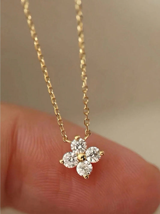 1pc Fashionable 925 Silver Cubic Zirconia Flower Rhinestone Pendant Necklace, Elegant Simple Gold Necklace For Women, Suitable For Wedding And Party Valentines