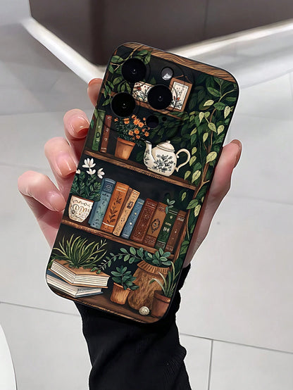1pc Fashionable Green Plant Tea Set 2D Pattern Phone Case, With Raised Camera Edge And Edge Protection TPU Protective Shell, Suitable For Apple 17/16/15/14/13/12/11 Pro Max And Galaxy S24/S23/S22/S21