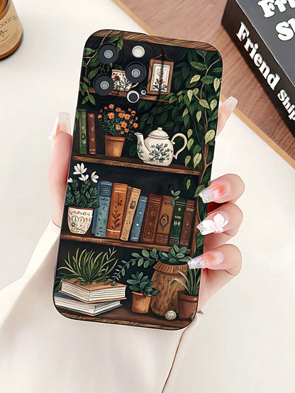 1pc Fashionable Green Plant Tea Set 2D Pattern Phone Case, With Raised Camera Edge And Edge Protection TPU Protective Shell, Suitable For Apple 17/16/15/14/13/12/11 Pro Max And Galaxy S24/S23/S22/S21