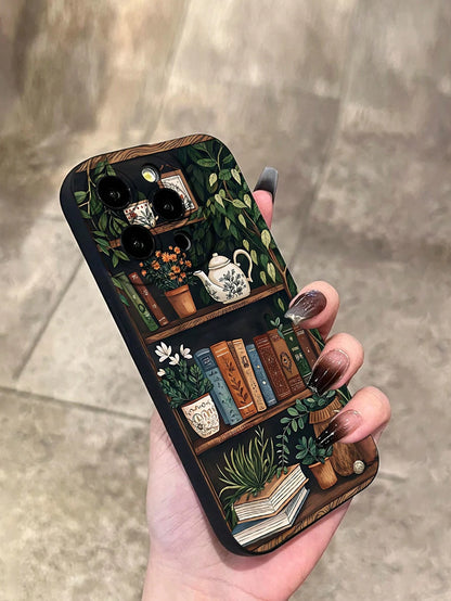 1pc Fashionable Green Plant Tea Set 2D Pattern Phone Case, With Raised Camera Edge And Edge Protection TPU Protective Shell, Suitable For Apple 17/16/15/14/13/12/11 Pro Max And Galaxy S24/S23/S22/S21