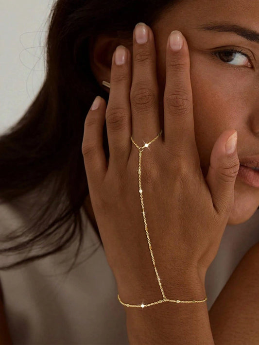 1pc Fashionable Personalized Minimalist Metal Beaded Chain Finger Ring, Versatile, Suitable For Daily Wear