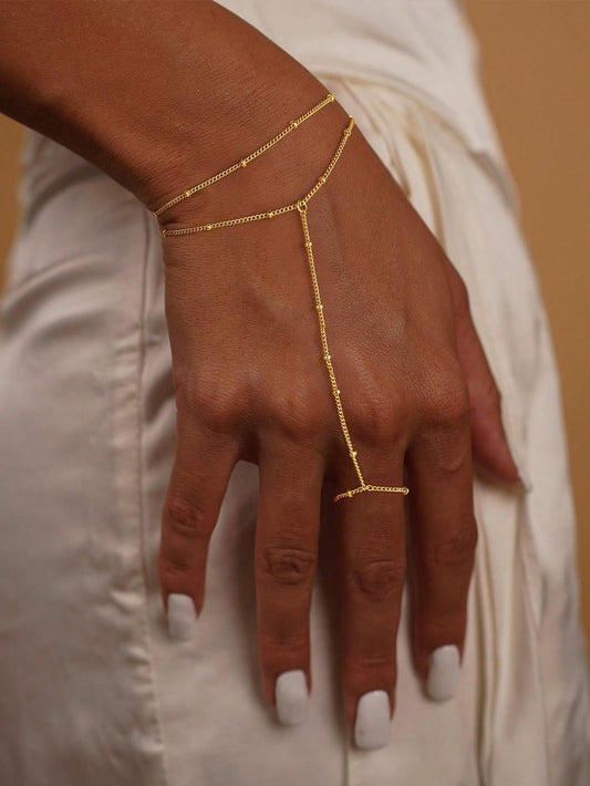 1pc Fashionable Personalized Minimalist Metal Beaded Double-Layer Linked Finger Ring Bracelet, Versatile, Suitable For Daily Wear (Handcrafted Chain Cut To Appropriate Length, Summer