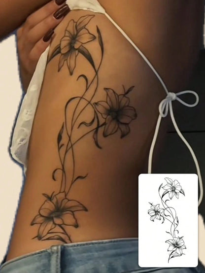 1pc Fashionable Washable Realistic Lily Flower Temporary Tattoo Sticker. Waterproof And Long-Lasting, With Fresh Vine Design, Suitable For Waist Or Side Waist, Suitable For All People,Sketch Style