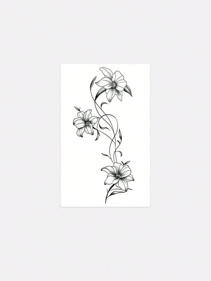 1pc Fashionable Washable Realistic Lily Flower Temporary Tattoo Sticker. Waterproof And Long-Lasting, With Fresh Vine Design, Suitable For Waist Or Side Waist, Suitable For All People,Sketch Style