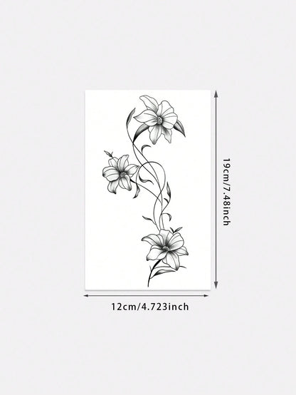 1pc Fashionable Washable Realistic Lily Flower Temporary Tattoo Sticker. Waterproof And Long-Lasting, With Fresh Vine Design, Suitable For Waist Or Side Waist, Suitable For All People,Sketch Style
