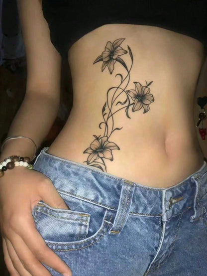 1pc Fashionable Washable Realistic Lily Flower Temporary Tattoo Sticker. Waterproof And Long-Lasting, With Fresh Vine Design, Suitable For Waist Or Side Waist, Suitable For All People,Sketch Style