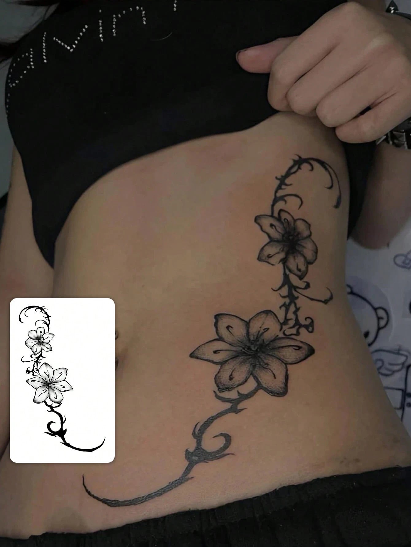 1pc Fashionable Washable Realistic Lily Flower Temporary Tattoo Sticker. Waterproof And Long-Lasting, With Fresh Vine Design, Suitable For Waist Or Side Waist, Suitable For All People,Sketch Style