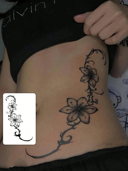 1pc Fashionable Washable Realistic Lily Flower Temporary Tattoo Sticker. Waterproof And Long-Lasting, With Fresh Vine Design, Suitable For Waist Or Side Waist, Suitable For All People,Sketch Style