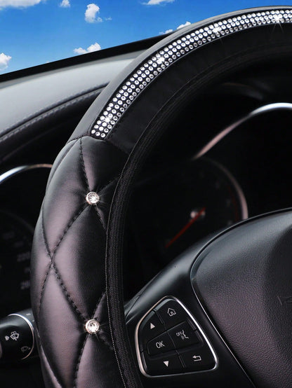 1pc Faux Sheepskin 3D Embroidery With Diamond-Studded Blingbling Car Steering Wheel Cover, Non-Slip, Suitable For 14.5-15 Inches
