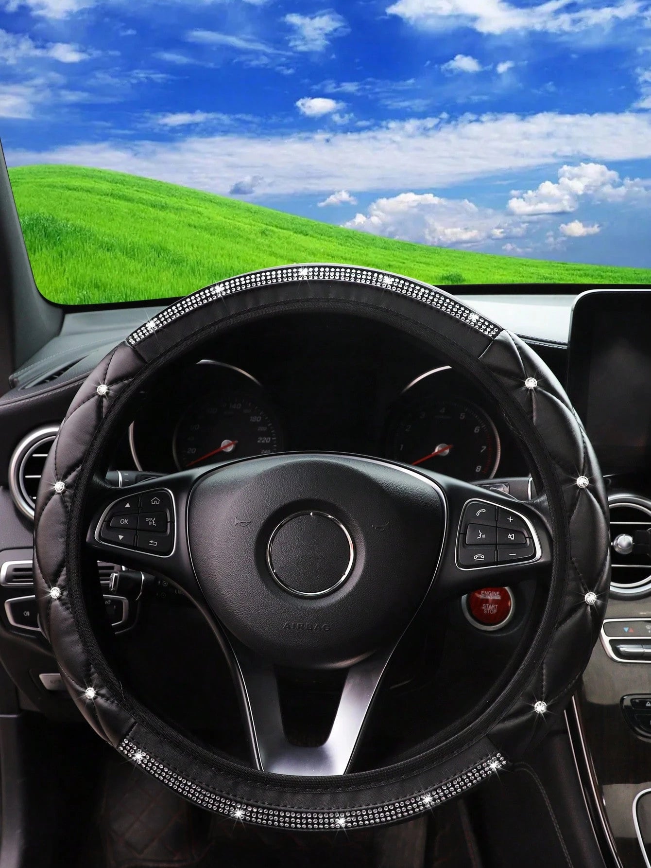 1pc Faux Sheepskin 3D Embroidery With Diamond-Studded Blingbling Car Steering Wheel Cover, Non-Slip, Suitable For 14.5-15 Inches
