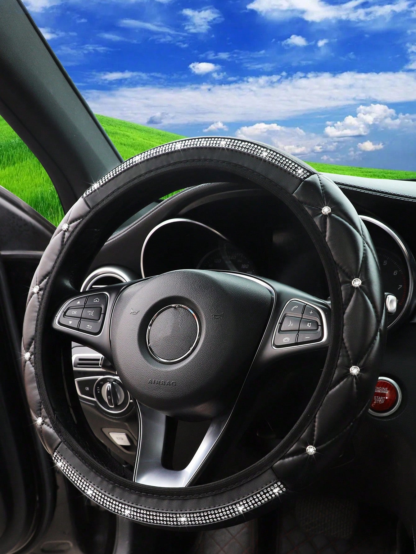 1pc Faux Sheepskin 3D Embroidery With Diamond-Studded Blingbling Car Steering Wheel Cover, Non-Slip, Suitable For 14.5-15 Inches