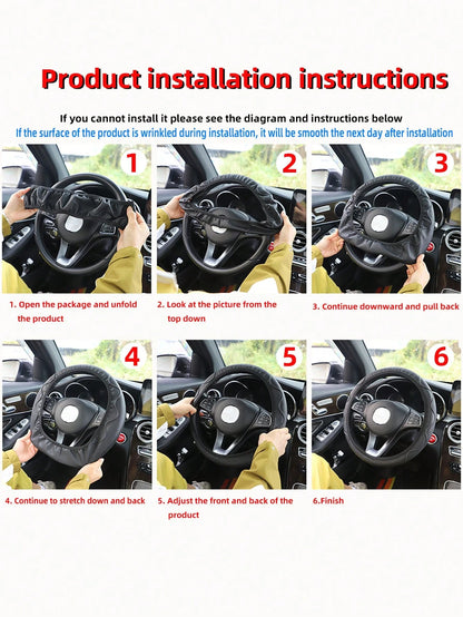1pc Faux Sheepskin 3D Embroidery With Diamond-Studded Blingbling Car Steering Wheel Cover, Non-Slip, Suitable For 14.5-15 Inches
