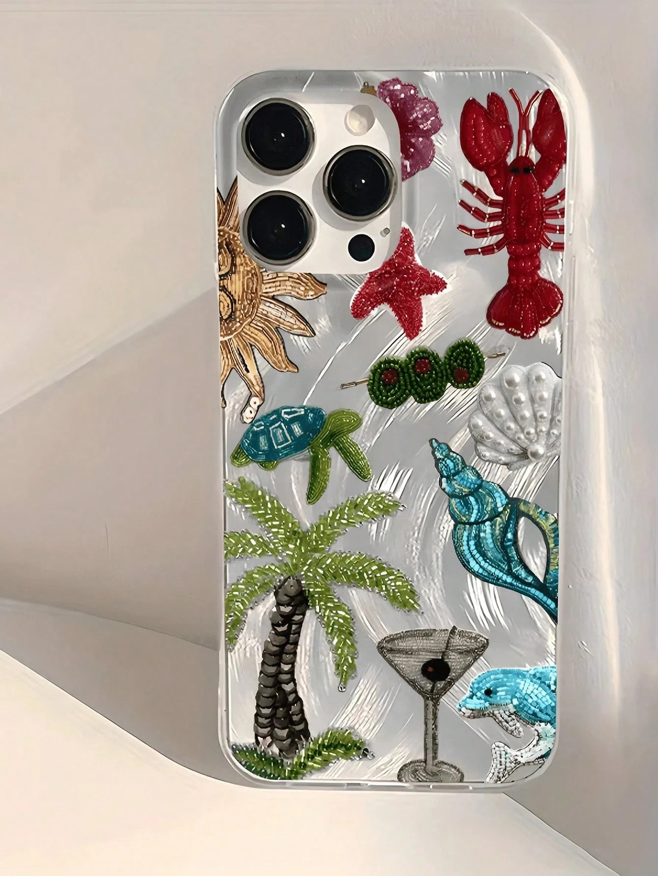 1pc Feather & Pearl Embroidered Palm Tree & Lobster Minimalist TPU Shockproof Phone Case, Compatible With Apple 17, 16, 15, 14, 13, 12, 11 Pro Max, Air, And Series