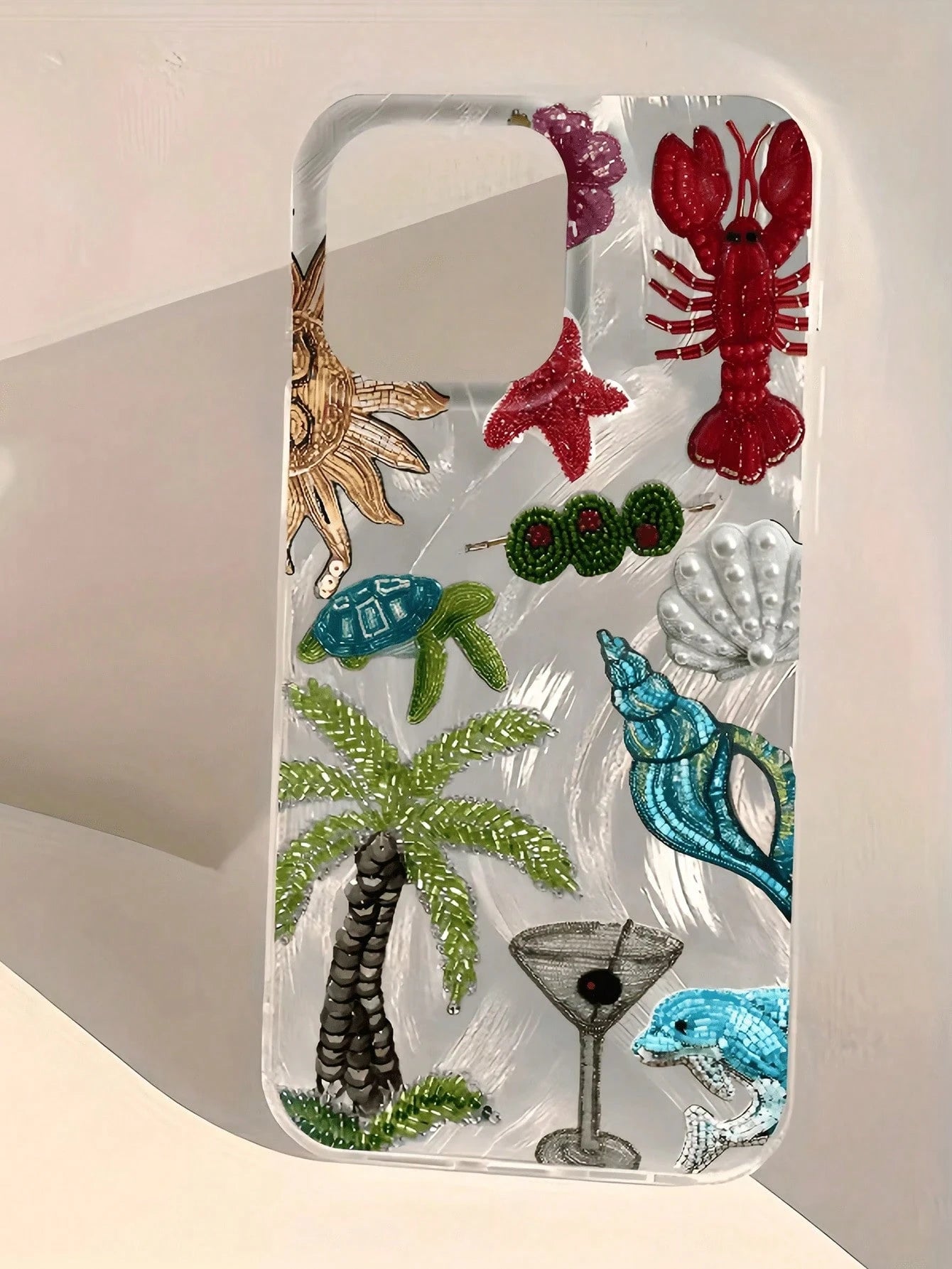 1pc Feather & Pearl Embroidered Palm Tree & Lobster Minimalist TPU Shockproof Phone Case, Compatible With Apple 17, 16, 15, 14, 13, 12, 11 Pro Max, Air, And Series