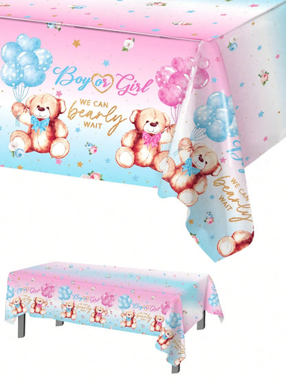 1pc Gender Reveal Party Decorative Tablecloth, Cute Pink & Blue Bear Pattern Disposable Waterproof Table Runner, Perfect For Gender Reveal Party, Baby Shower, Family Events Decoration, Baby Party Gift