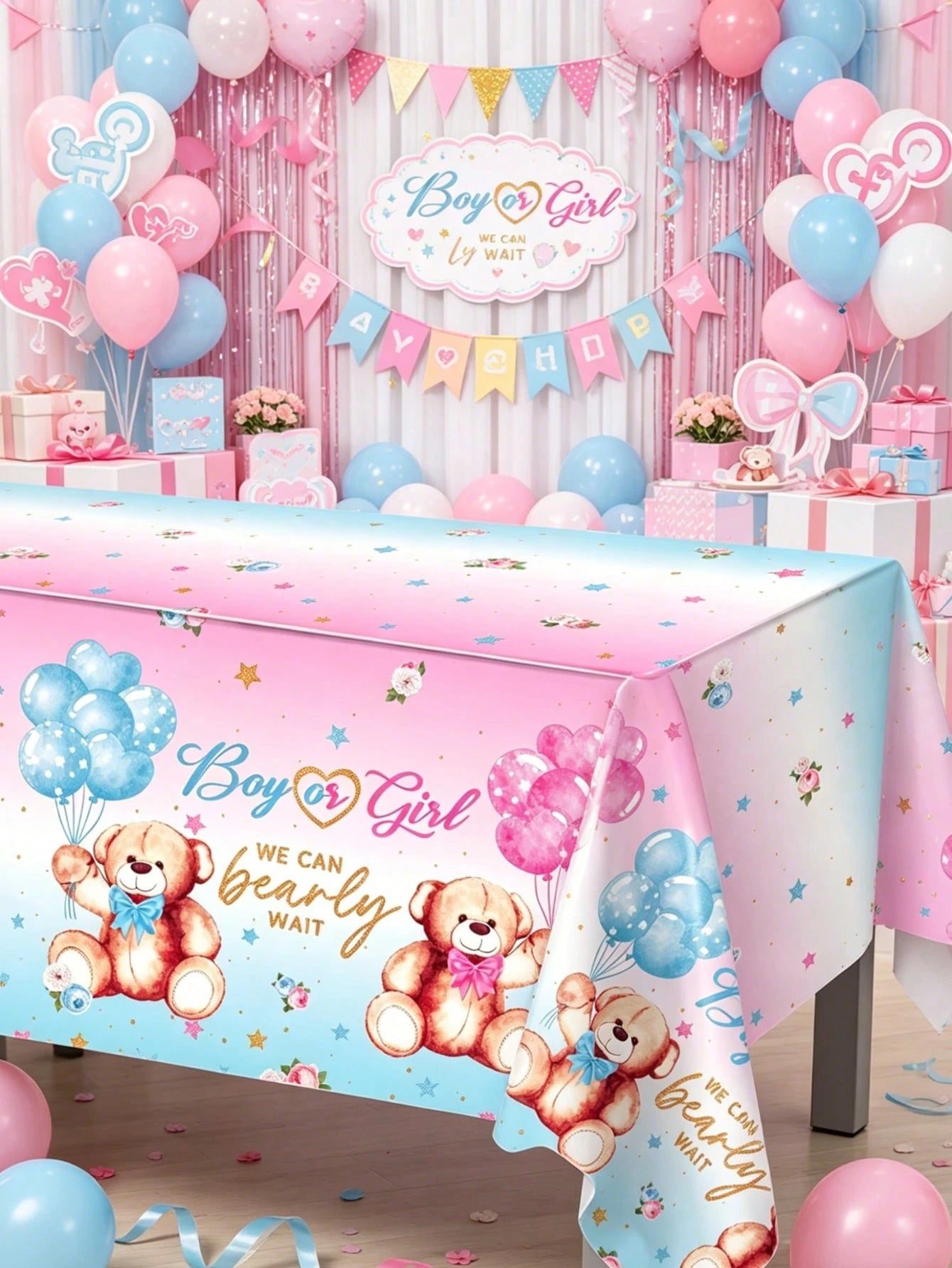 1pc Gender Reveal Party Decorative Tablecloth, Cute Pink & Blue Bear Pattern Disposable Waterproof Table Runner, Perfect For Gender Reveal Party, Baby Shower, Family Events Decoration, Baby Party Gift