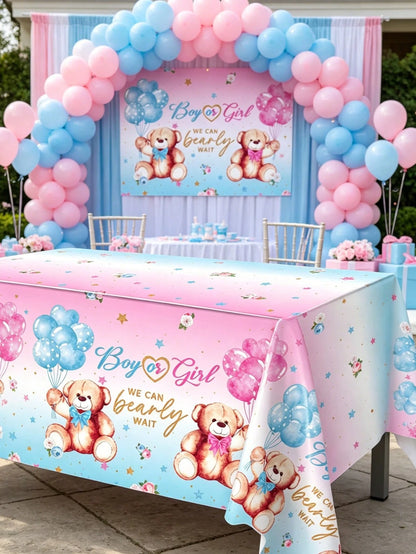 1pc Gender Reveal Party Decorative Tablecloth, Cute Pink & Blue Bear Pattern Disposable Waterproof Table Runner, Perfect For Gender Reveal Party, Baby Shower, Family Events Decoration, Baby Party Gift