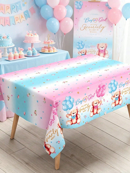 1pc Gender Reveal Party Decorative Tablecloth, Cute Pink & Blue Bear Pattern Disposable Waterproof Table Runner, Perfect For Gender Reveal Party, Baby Shower, Family Events Decoration, Baby Party Gift