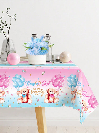 1pc Gender Reveal Party Decorative Tablecloth, Cute Pink & Blue Bear Pattern Disposable Waterproof Table Runner, Perfect For Gender Reveal Party, Baby Shower, Family Events Decoration, Baby Party Gift