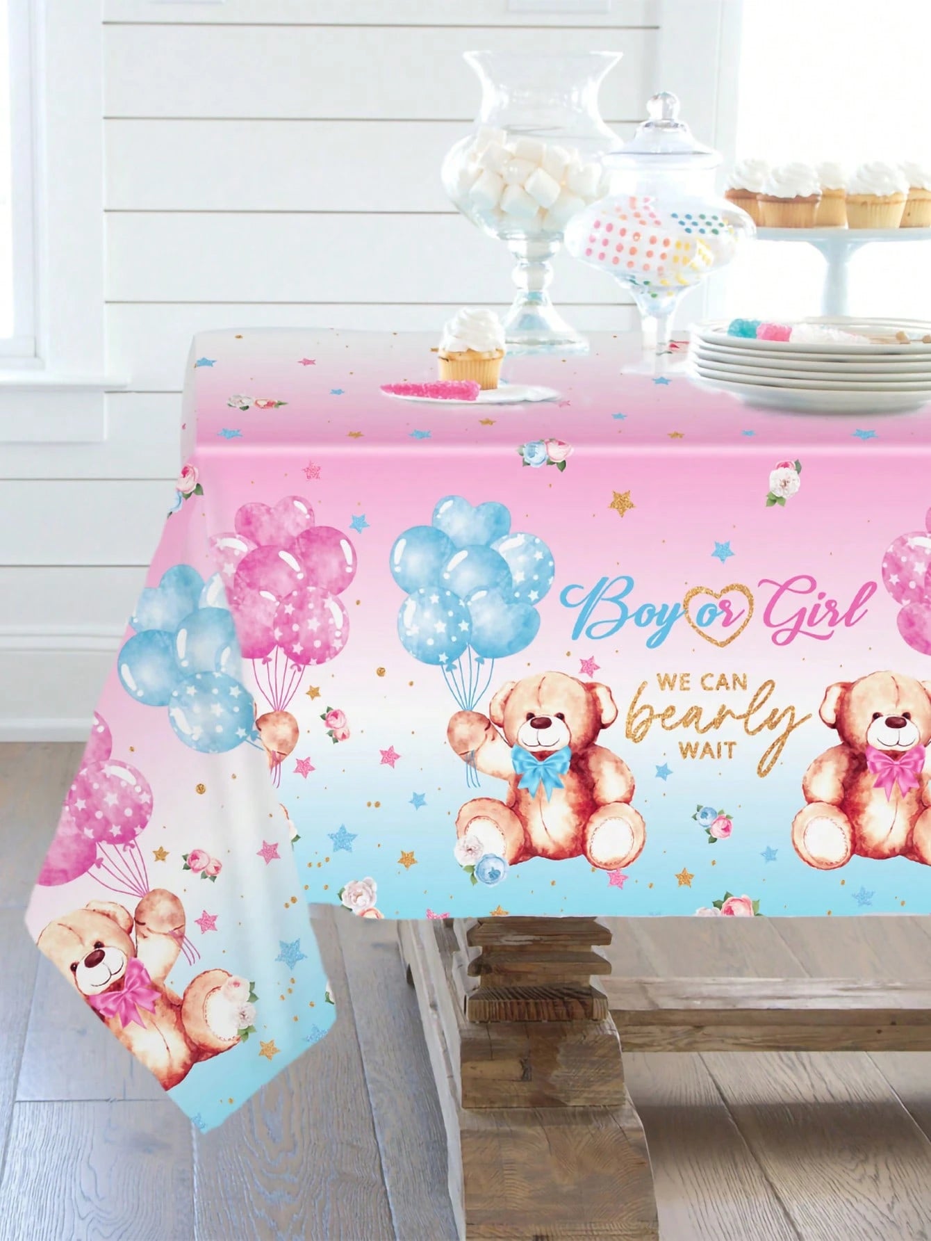 1pc Gender Reveal Party Decorative Tablecloth, Cute Pink & Blue Bear Pattern Disposable Waterproof Table Runner, Perfect For Gender Reveal Party, Baby Shower, Family Events Decoration, Baby Party Gift