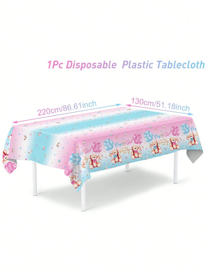 1pc Gender Reveal Party Decorative Tablecloth, Cute Pink & Blue Bear Pattern Disposable Waterproof Table Runner, Perfect For Gender Reveal Party, Baby Shower, Family Events Decoration, Baby Party Gift