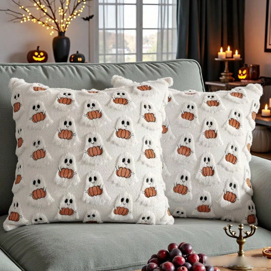 1pc Ghost Pumpkin Plush Cushion Cover, Adorable Quilted Craft Halloween Decor, 18x18 Inch, Suitable For Living Room, Bedroom, Party Decoration, Pillow Insert Not Included