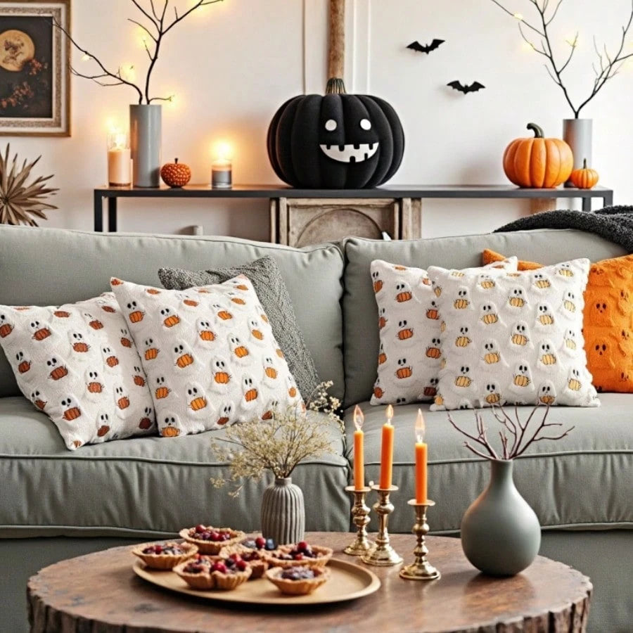1pc Ghost Pumpkin Plush Cushion Cover, Adorable Quilted Craft Halloween Decor, 18x18 Inch, Suitable For Living Room, Bedroom, Party Decoration, Pillow Insert Not Included