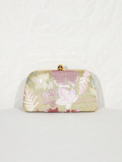 1pc Gold Beaded Clutch Party Bag, Textured Sequin Evening Bag, Ball-Shaped Metal Head, Snap Closure, With Detachable Gold Long Chain Shoulder Strap, Elegant, Exquisite, Textured Clutch Bag, Shoulder B