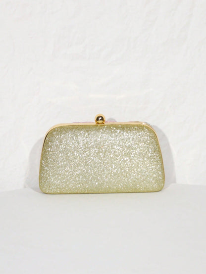 1pc Gold Beaded Clutch Party Bag, Textured Sequin Evening Bag, Ball-Shaped Metal Head, Snap Closure, With Detachable Gold Long Chain Shoulder Strap, Elegant, Exquisite, Textured Clutch Bag, Shoulder B