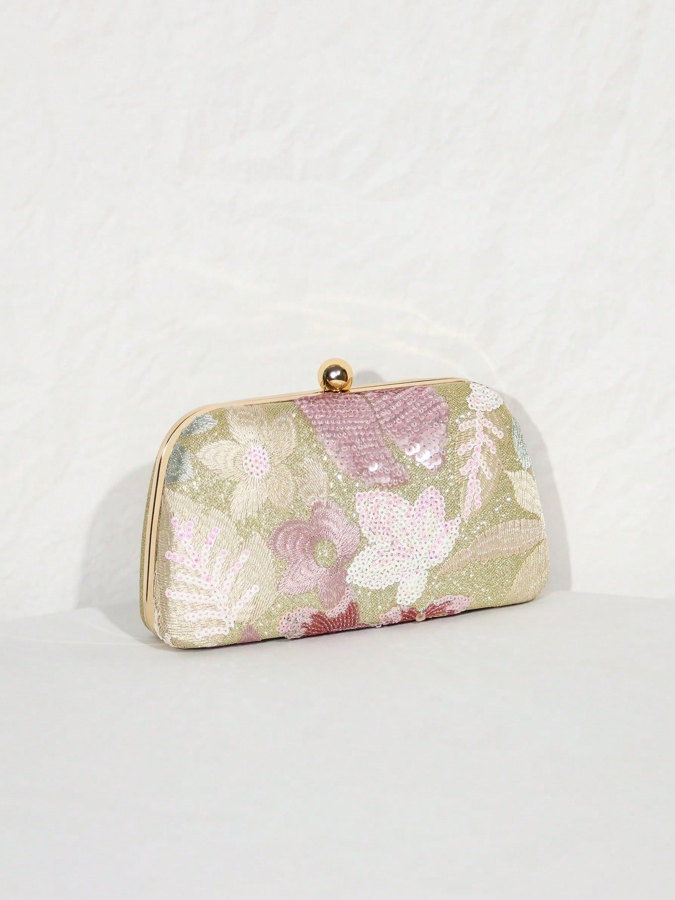 1pc Gold Beaded Clutch Party Bag, Textured Sequin Evening Bag, Ball-Shaped Metal Head, Snap Closure, With Detachable Gold Long Chain Shoulder Strap, Elegant, Exquisite, Textured Clutch Bag, Shoulder B