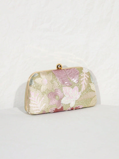 1pc Gold Beaded Clutch Party Bag, Textured Sequin Evening Bag, Ball-Shaped Metal Head, Snap Closure, With Detachable Gold Long Chain Shoulder Strap, Elegant, Exquisite, Textured Clutch Bag, Shoulder B