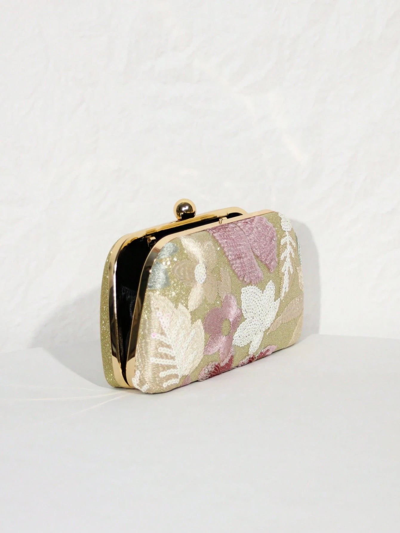 1pc Gold Beaded Clutch Party Bag, Textured Sequin Evening Bag, Ball-Shaped Metal Head, Snap Closure, With Detachable Gold Long Chain Shoulder Strap, Elegant, Exquisite, Textured Clutch Bag, Shoulder B