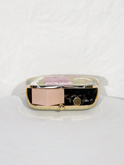 1pc Gold Beaded Clutch Party Bag, Textured Sequin Evening Bag, Ball-Shaped Metal Head, Snap Closure, With Detachable Gold Long Chain Shoulder Strap, Elegant, Exquisite, Textured Clutch Bag, Shoulder B