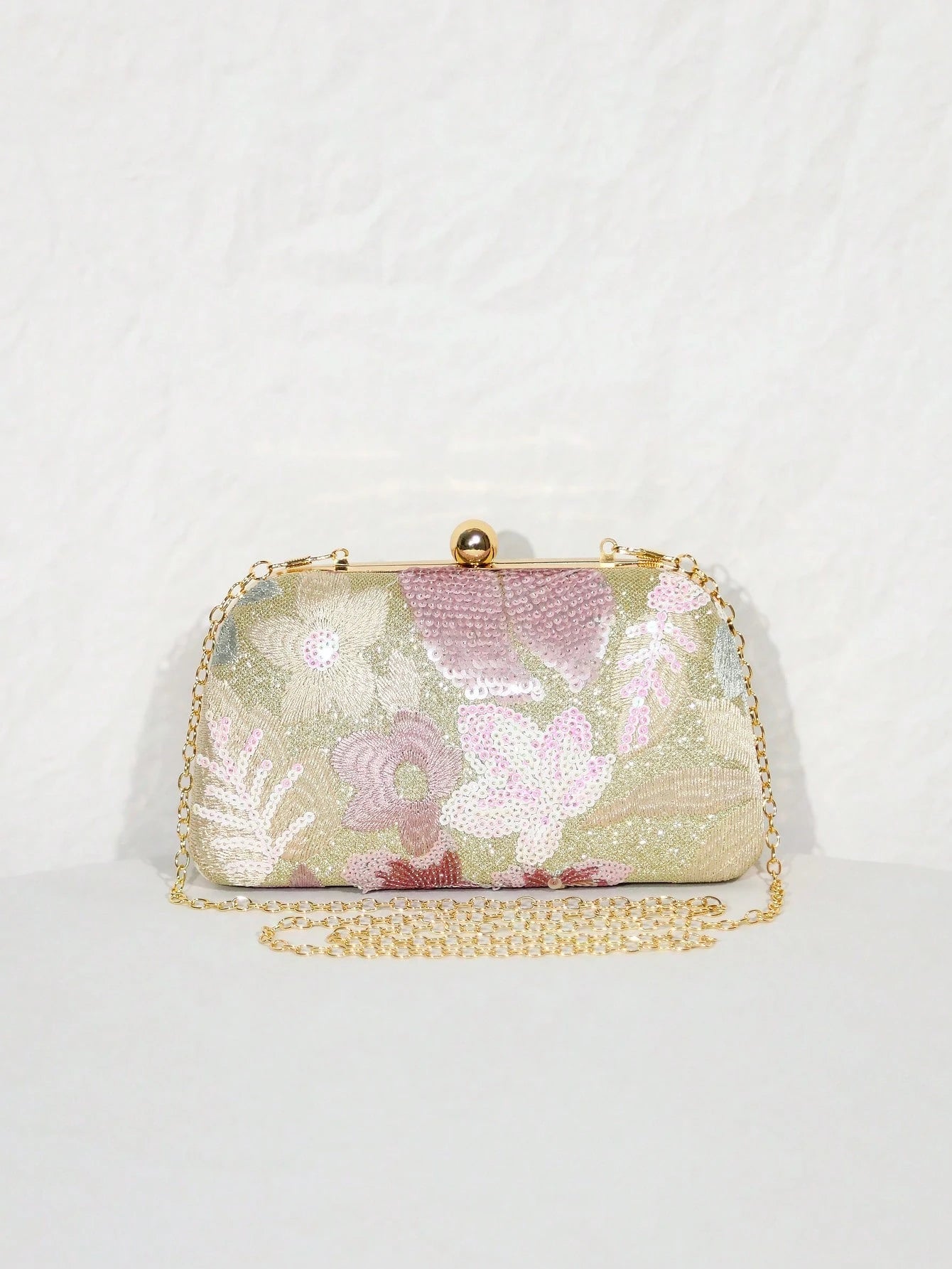 1pc Gold Beaded Clutch Party Bag, Textured Sequin Evening Bag, Ball-Shaped Metal Head, Snap Closure, With Detachable Gold Long Chain Shoulder Strap, Elegant, Exquisite, Textured Clutch Bag, Shoulder B