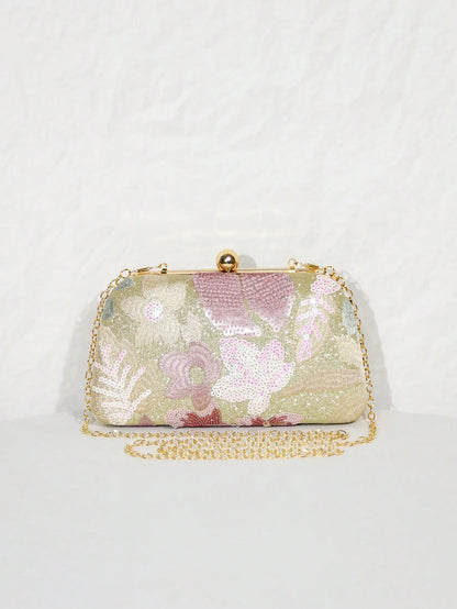 1pc Gold Beaded Clutch Party Bag, Textured Sequin Evening Bag, Ball-Shaped Metal Head, Snap Closure, With Detachable Gold Long Chain Shoulder Strap, Elegant, Exquisite, Textured Clutch Bag, Shoulder B