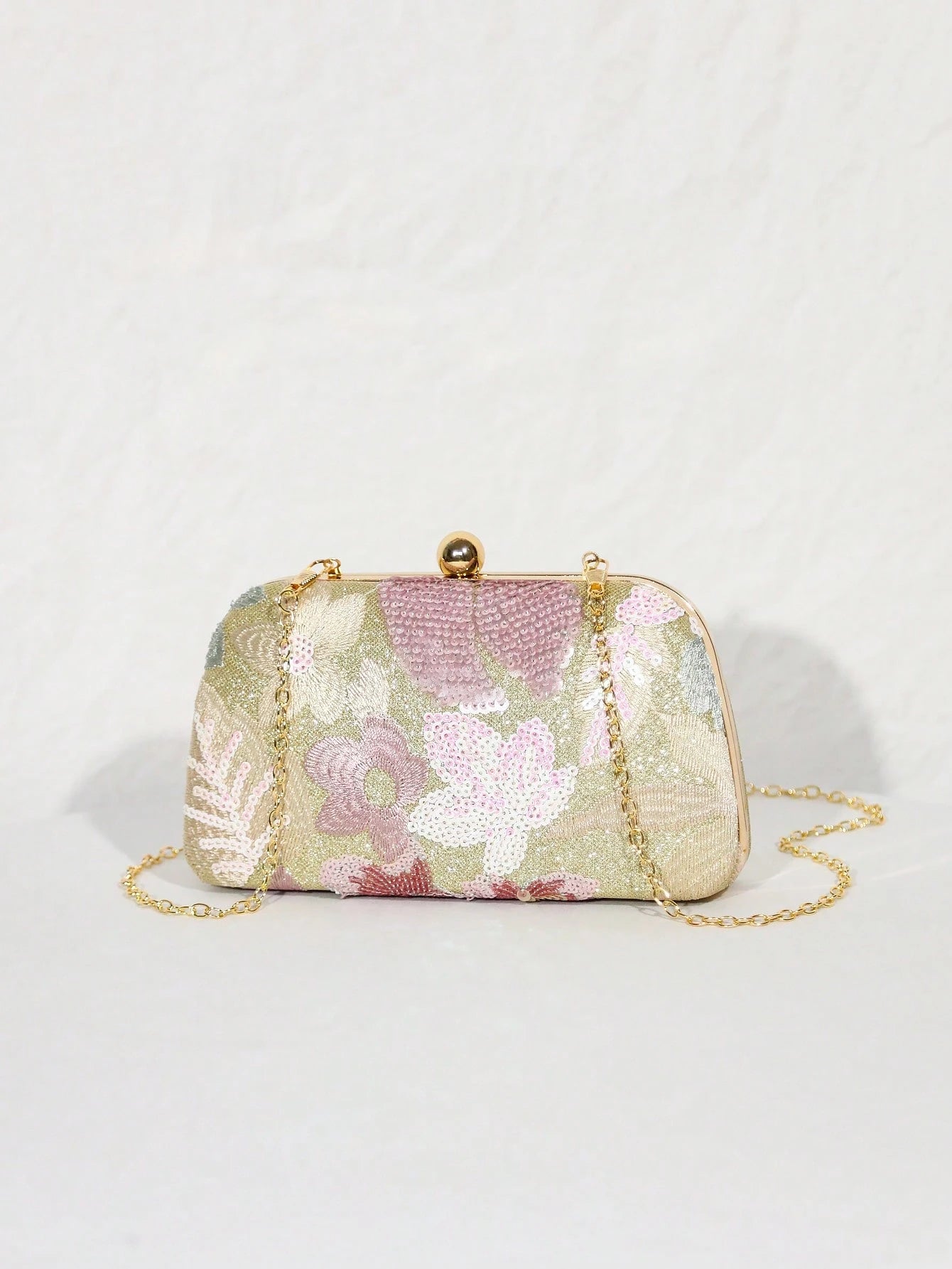 1pc Gold Beaded Clutch Party Bag, Textured Sequin Evening Bag, Ball-Shaped Metal Head, Snap Closure, With Detachable Gold Long Chain Shoulder Strap, Elegant, Exquisite, Textured Clutch Bag, Shoulder B