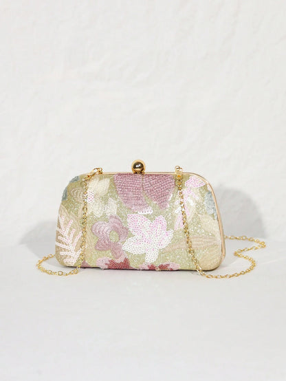 1pc Gold Beaded Clutch Party Bag, Textured Sequin Evening Bag, Ball-Shaped Metal Head, Snap Closure, With Detachable Gold Long Chain Shoulder Strap, Elegant, Exquisite, Textured Clutch Bag, Shoulder B