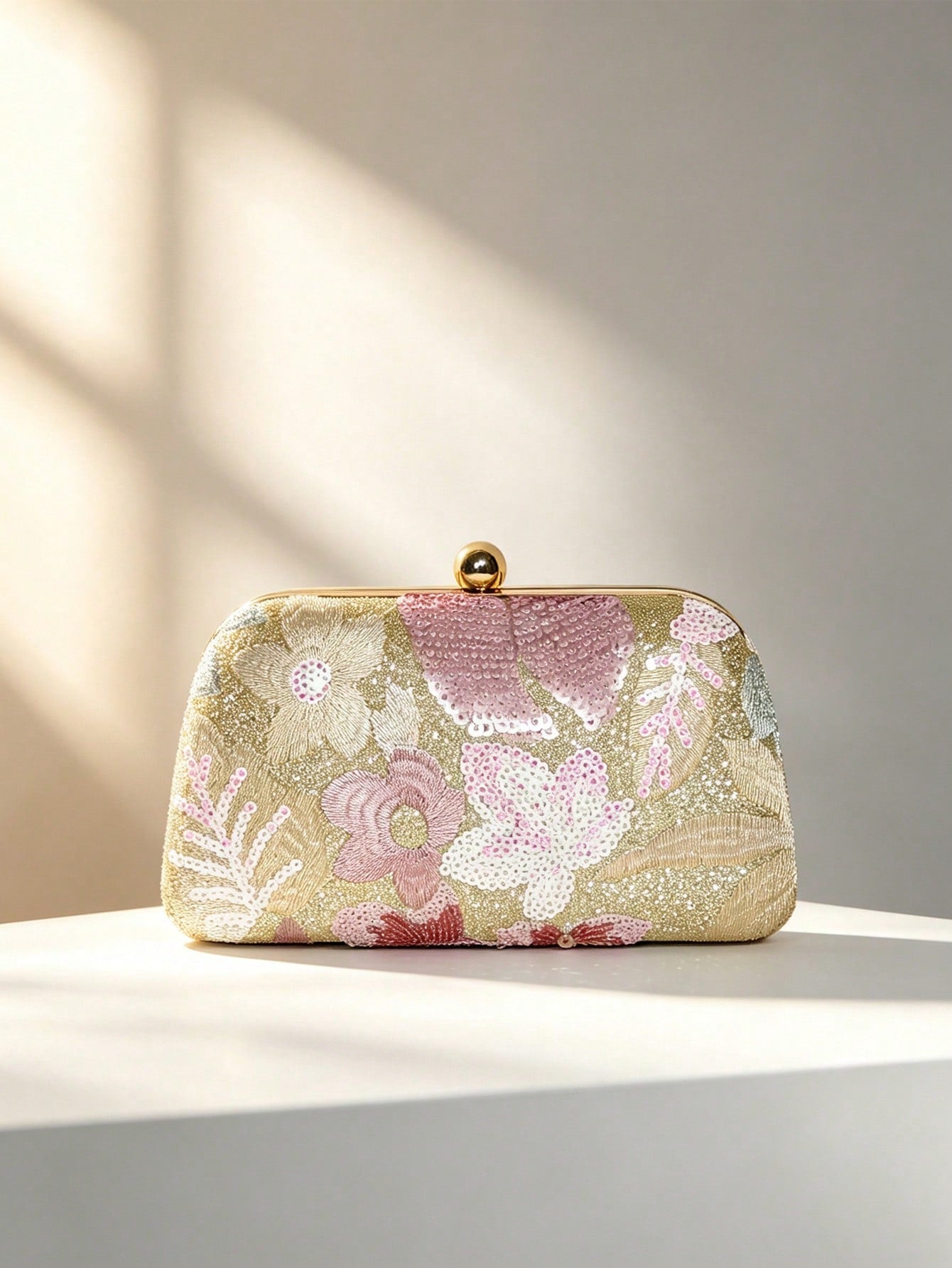1pc Gold Beaded Clutch Party Bag, Textured Sequin Evening Bag, Ball-Shaped Metal Head, Snap Closure, With Detachable Gold Long Chain Shoulder Strap, Elegant, Exquisite, Textured Clutch Bag, Shoulder B