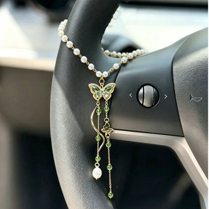 1pc Green Crystal Butterfly Pearl Steering Wheel Chain, Elegant Tassel Auto Interior Decor Vehicle Accessory