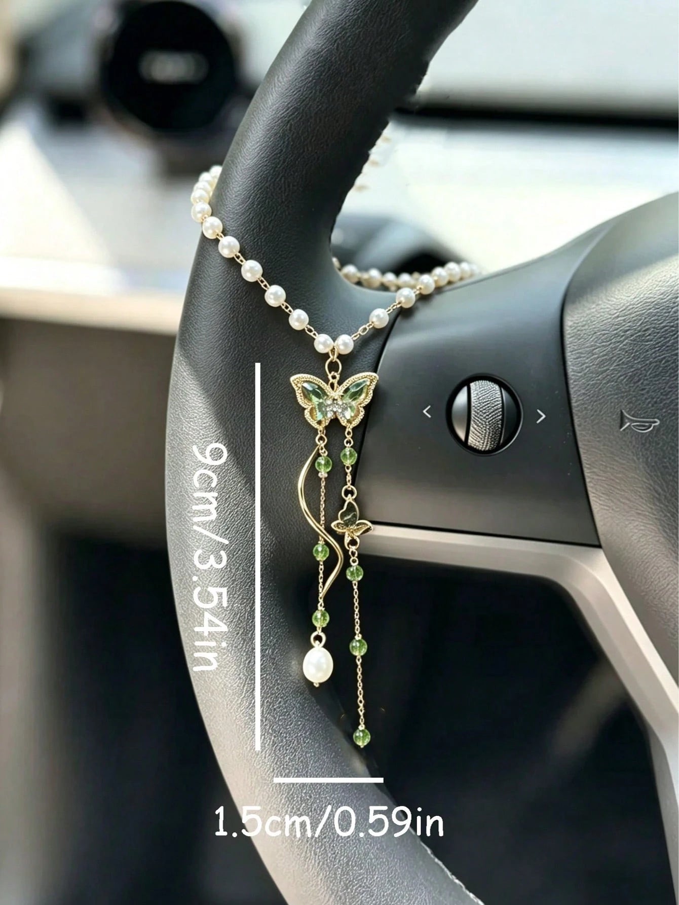 1pc Green Crystal Butterfly Pearl Steering Wheel Chain, Elegant Tassel Auto Interior Decor Vehicle Accessory