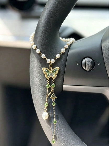 1pc Green Crystal Butterfly Pearl Steering Wheel Chain, Elegant Tassel Auto Interior Decor Vehicle Accessory