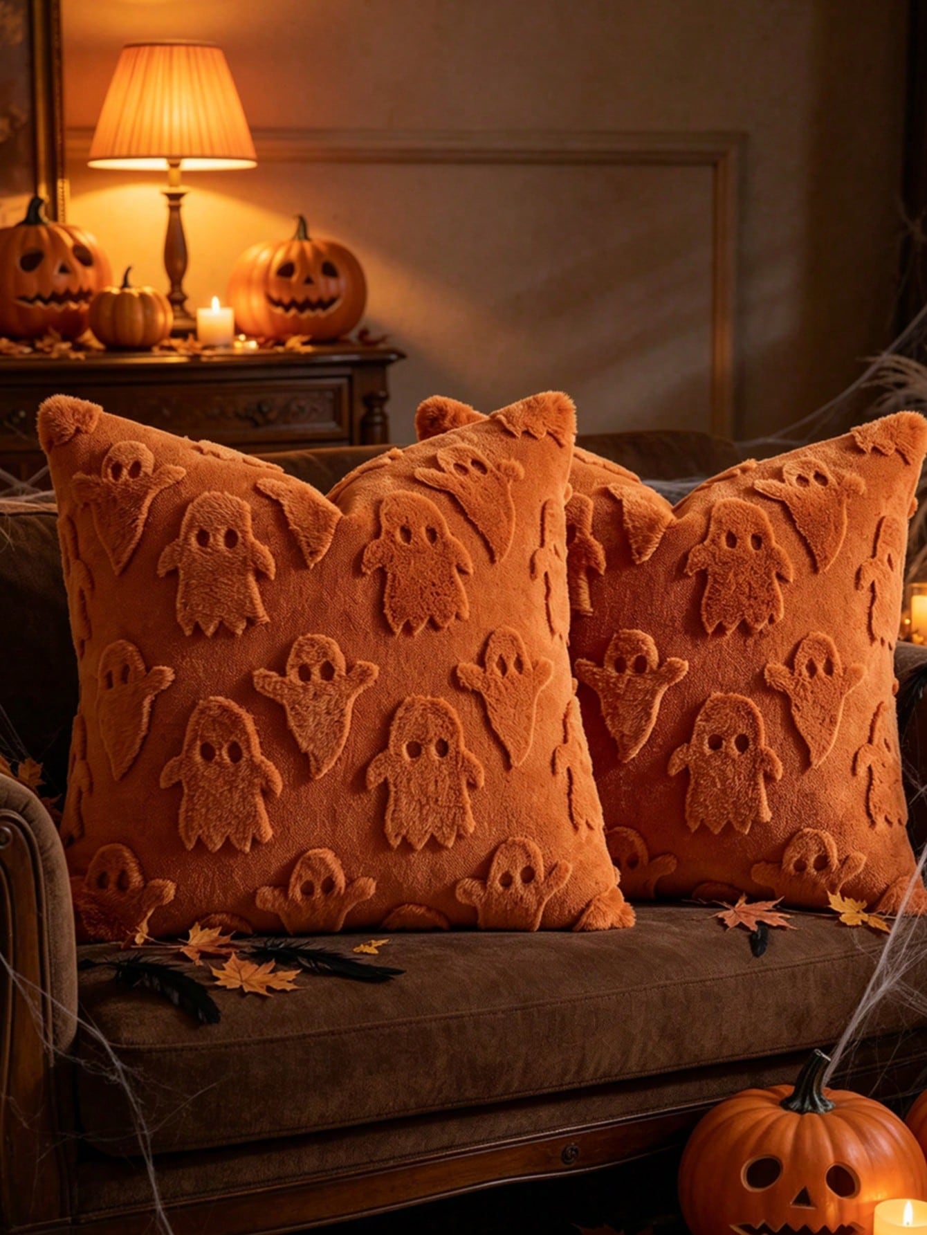 1pc Halloween Ghost Decorative Pillow Case, Front Jacquard Faux Rabbit Fur Ghost, Back Dutch Velvet Fabric, Square Cushion Cover, Holiday Home Pillowcase Decor, Soft Comfortable Velvet Fabric, Modern