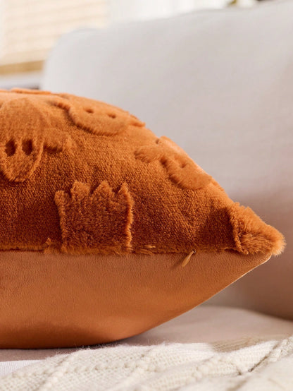 1pc Halloween Ghost Decorative Pillow Case, Front Jacquard Faux Rabbit Fur Ghost, Back Dutch Velvet Fabric, Square Cushion Cover, Holiday Home Pillowcase Decor, Soft Comfortable Velvet Fabric, Modern